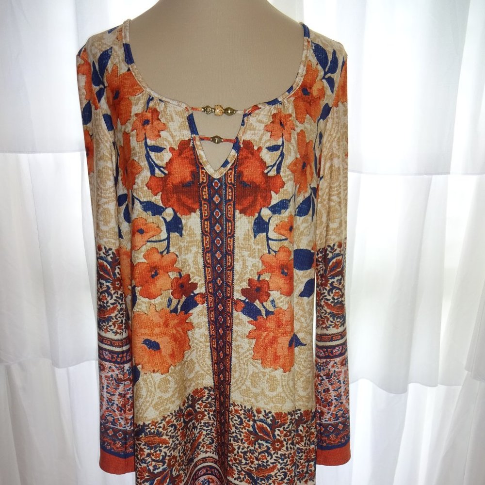 One World Floral Shift Dress M Flowers Brown